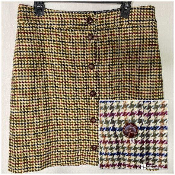 Talbots Mini Skirt Wool Blend Houndstooth Plaid Tweed Petite Womens 12P 12 Beige - Picture 1 of 8
